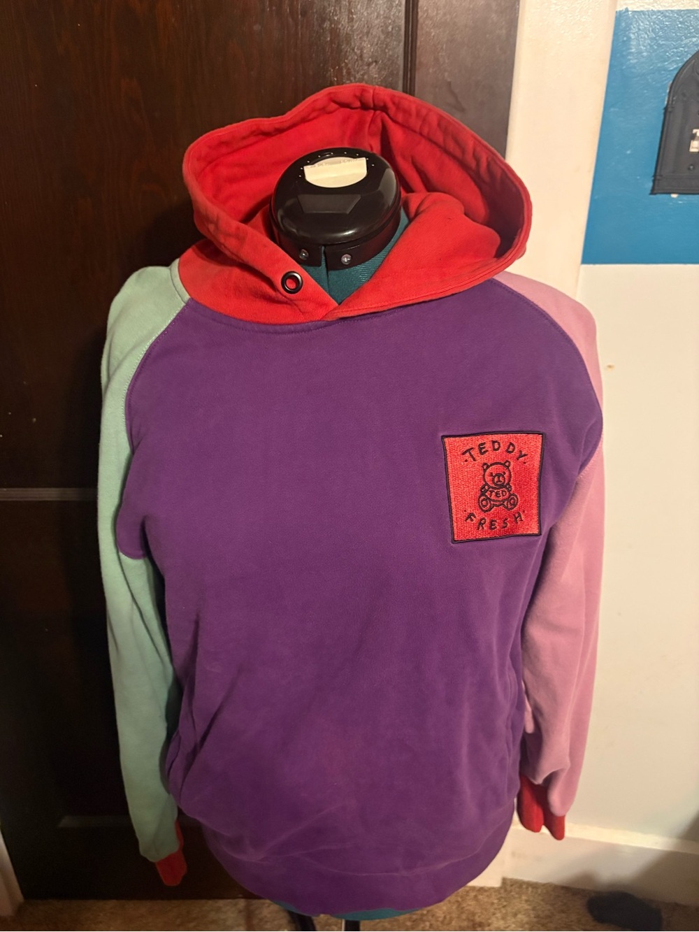 Teddy Fresh Colorblock Crewneck Sweater in Purple, Red, Mint & Pink